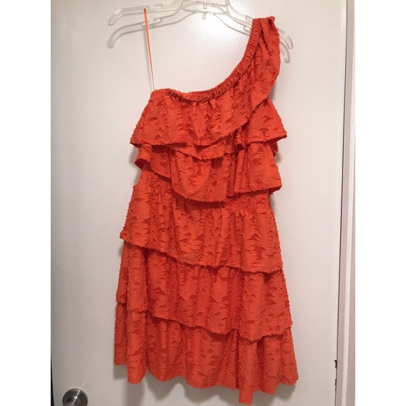 LC Lauren Conrad Women Orange Off One Shoulder Layer Flounce Dress Medium NWT - Picture 1 of 3